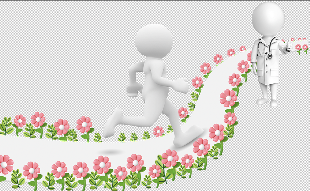 医生指导着病人在鲜花跑道上努力做训练