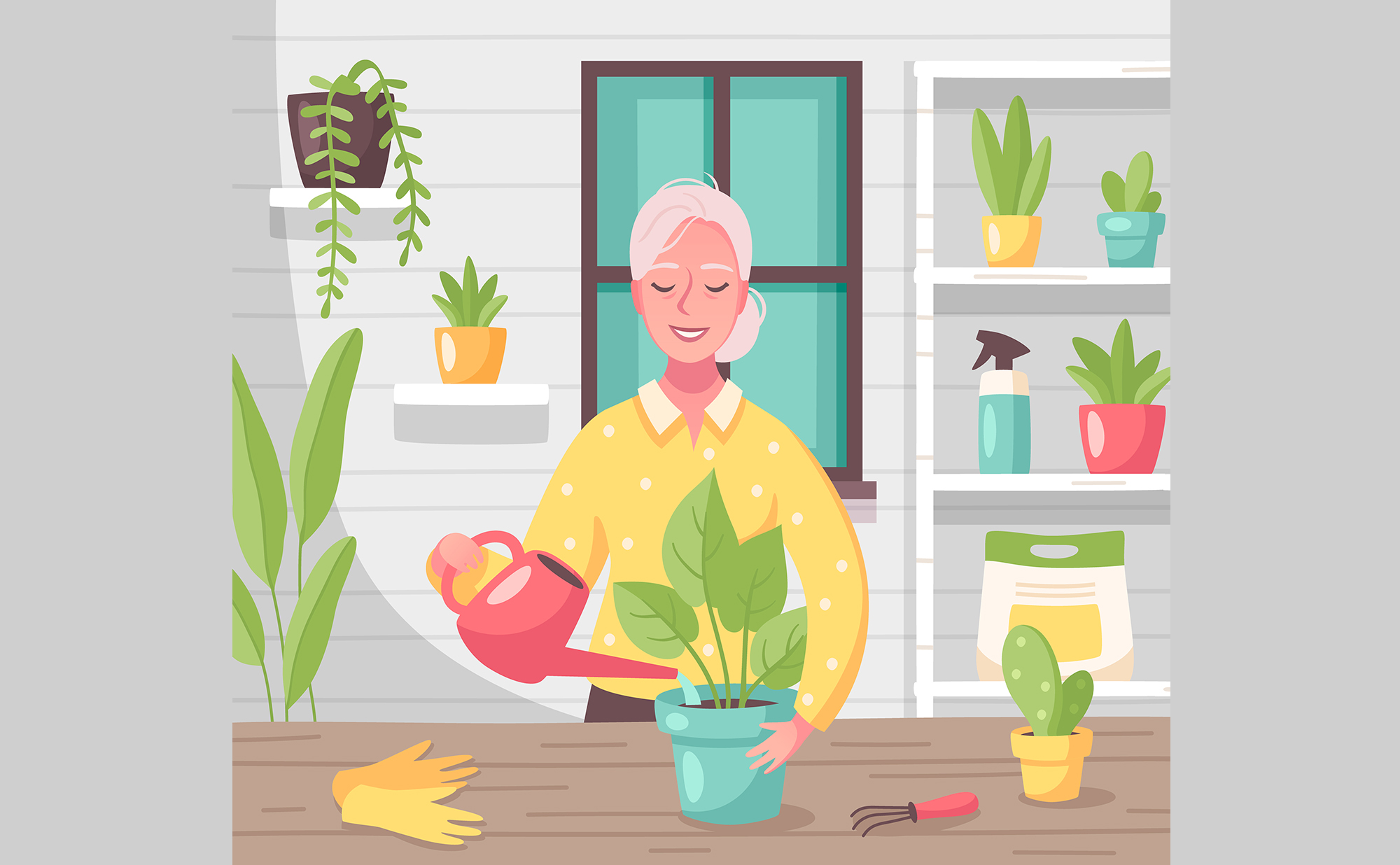 老奶奶浇花的插画图