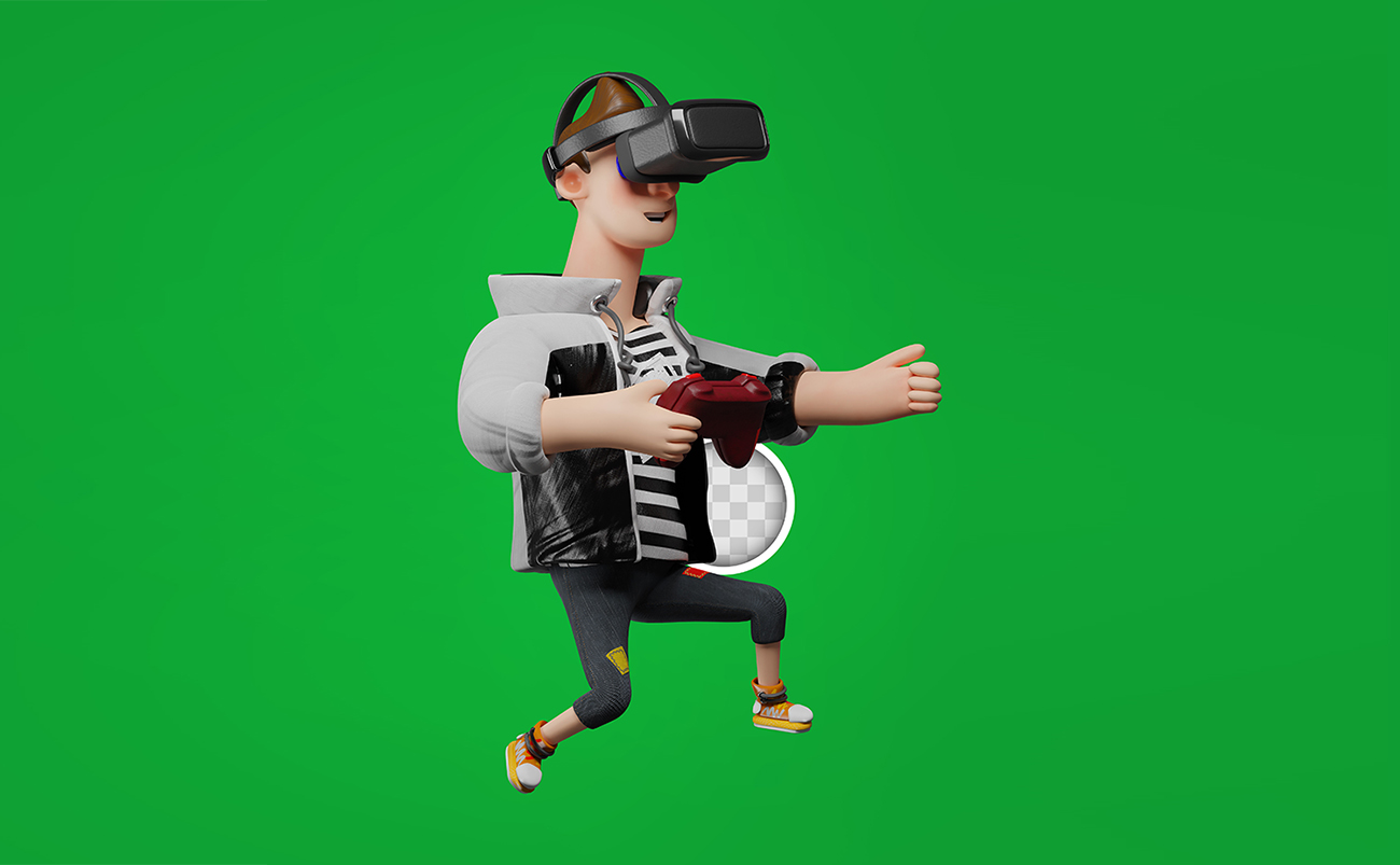 3D戴着VR眼镜探索虚拟现实游戏的男子插画PSD