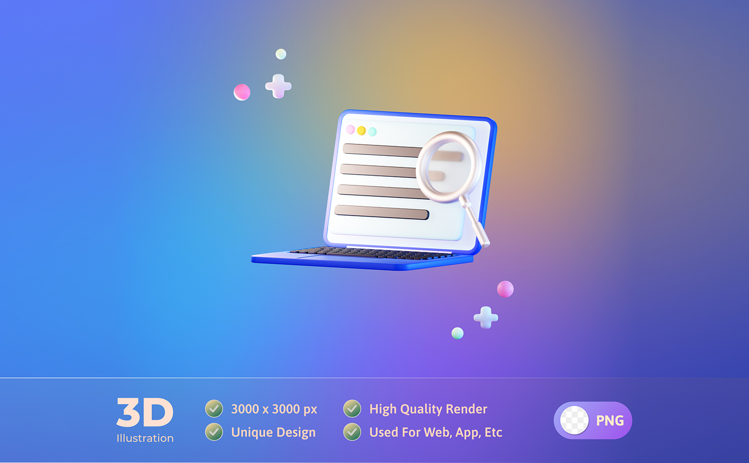 3D放大镜与笔记本电脑插画PSD