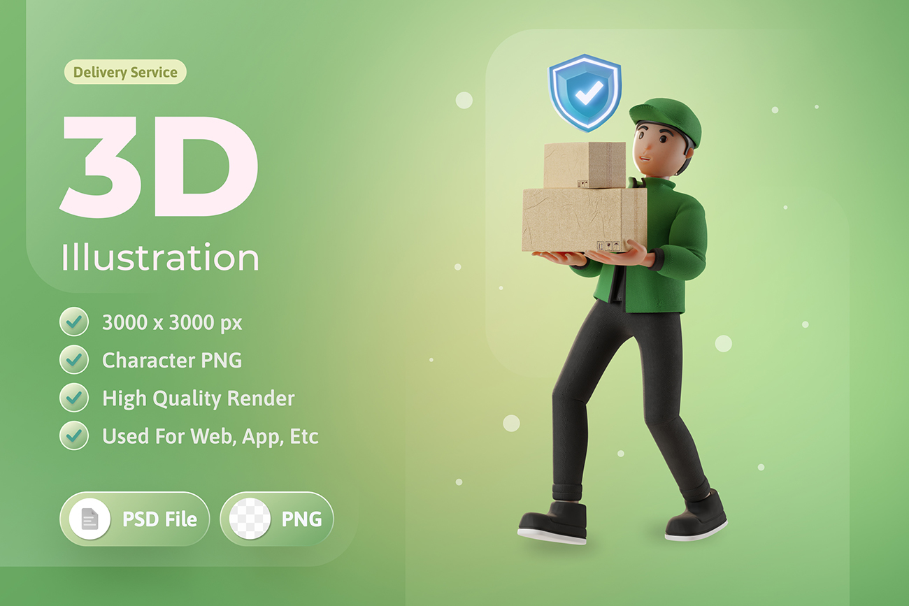 3D正在安全搬运快递箱快件的快递员男子插画
