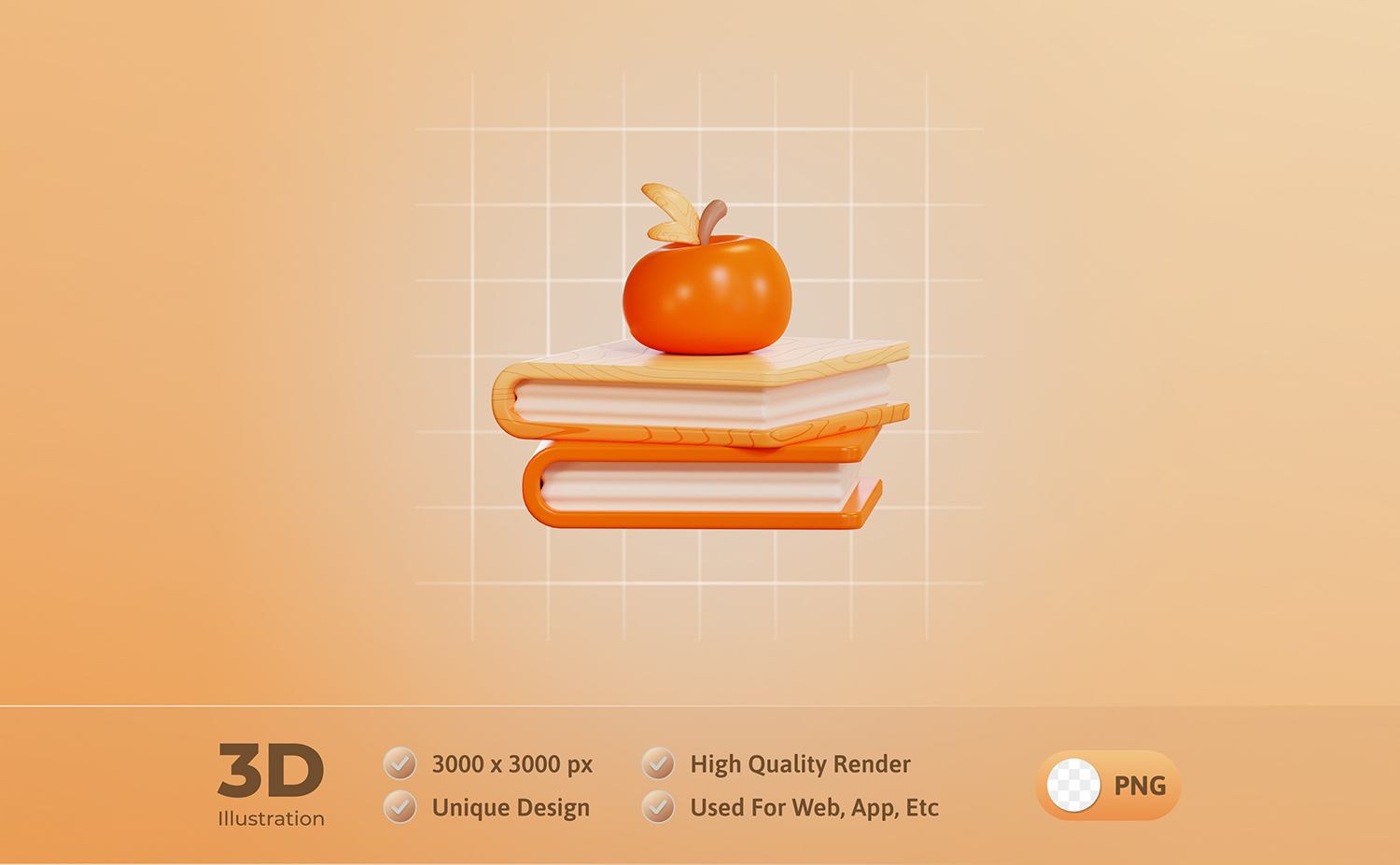 3D柿子放在两本橙色书籍上面