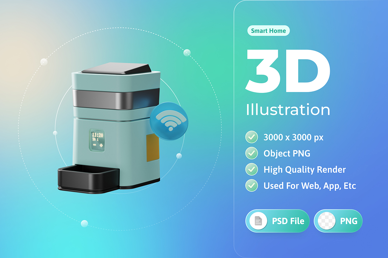 智能家居宠物喂食器机器3d插图插画