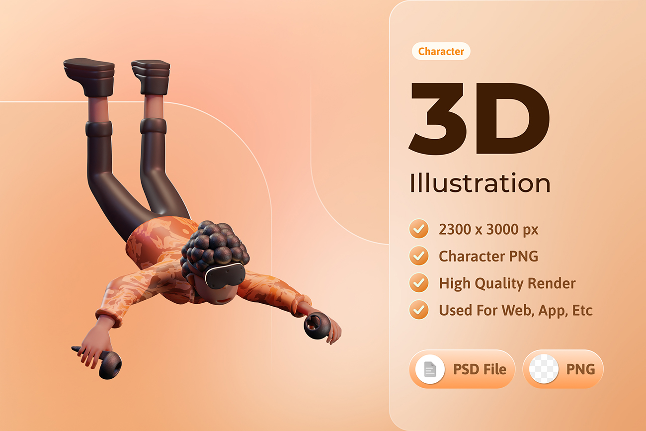 3D戴着VR眼镜和熟悉设备的正在降落的男子少年插画PSD