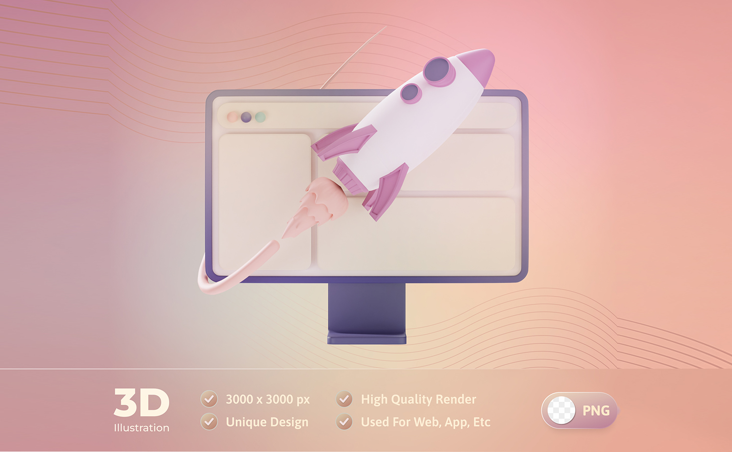 围绕着电脑发射飞行环绕的火箭3D元素PSD