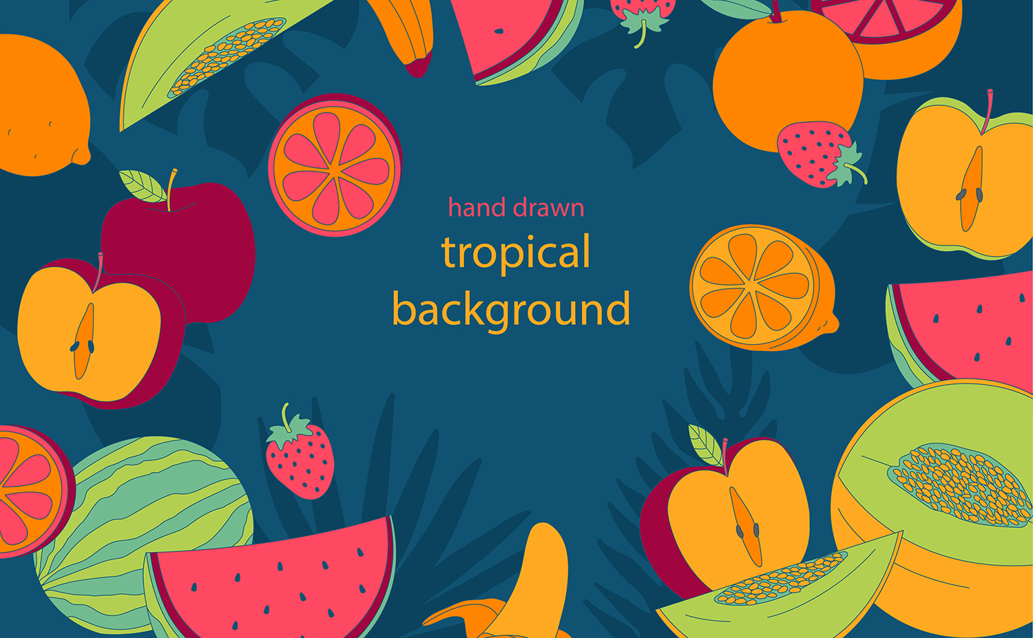 西瓜香蕉苹果橙子哈密瓜西瓜草莓橙子水果系列插画插图