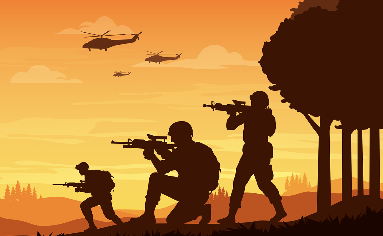 部队军队士兵作战情景剪影插画矢量
