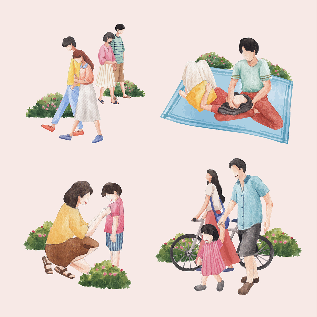 4组水彩风格人物插画矢量EPS素材