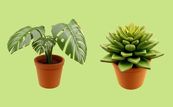 两盆精美的3D立体绿色热带植物免抠分层素材