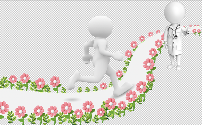 医生指导着病人在鲜花跑道上努力做训练