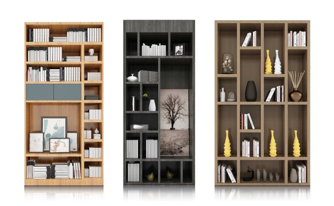 三个书柜/书橱免抠透明PNG素材