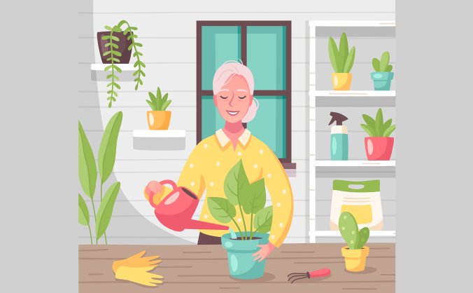 老奶奶浇花的插画图