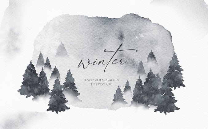 中式水墨晕染山水松树水彩画风格PSD