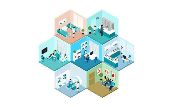 六边形医院诊所看诊看病流程主题矢量插图元素