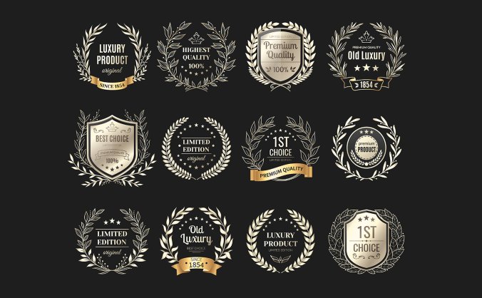 香槟金金色桂枝麦穗橄榄叶表彰元素矢量