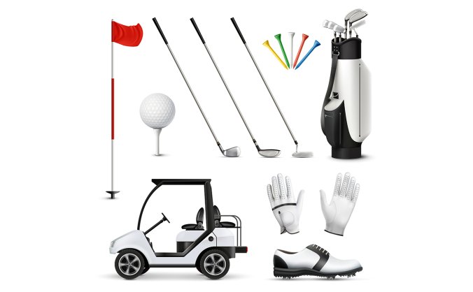 高尔夫系列球车球鞋球杆球包等装备矢量图