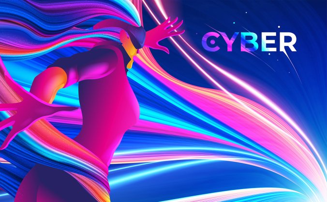 带着VR眼镜的未来感女生奔跑冲刺插画矢量