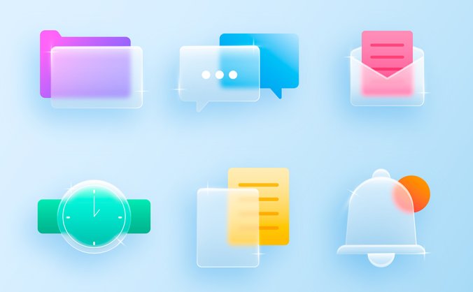 一组色彩惊艳的渐变毛玻璃质感图标元素集合