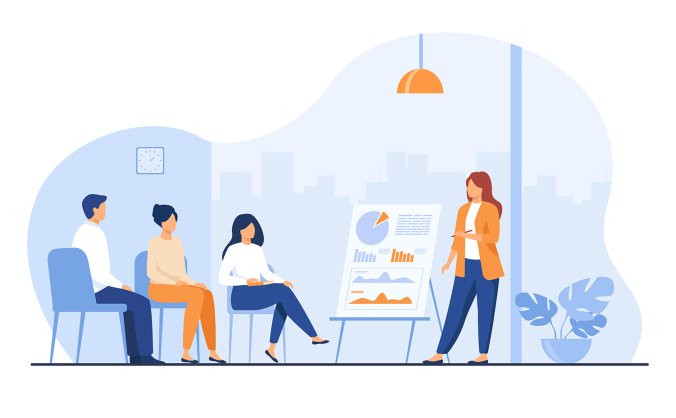 白领给一群人讲课开会会议插画