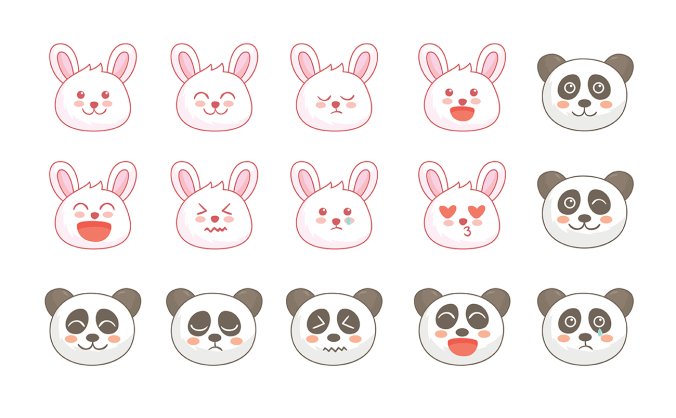 卡通兔子大熊猫各种表情包矢量插画