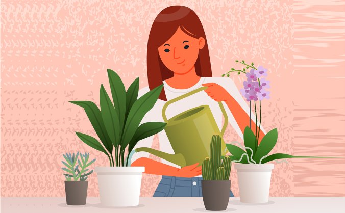 温柔娴静的美女姑娘浇花插画矢量