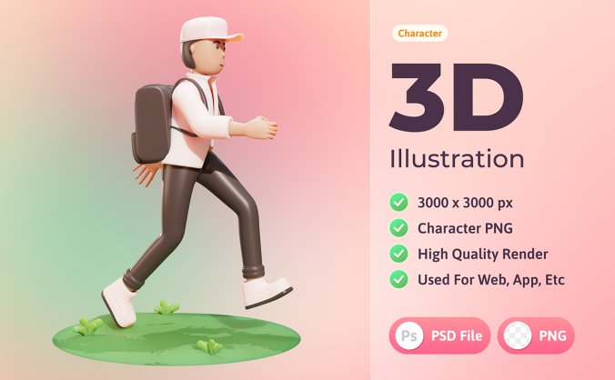 3D行走的青年学生背着双肩包背包元素PSD