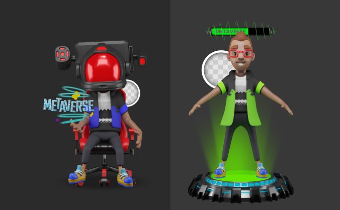 5幅3D玩VR游戏的年轻人在元宇宙角色插画图标PSD