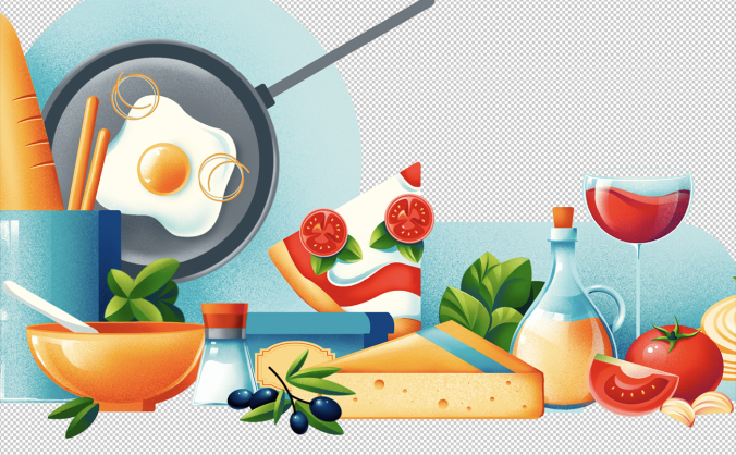 两张复古手绘精美建筑食品主题插画插图