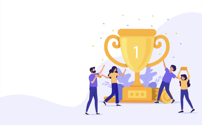 团队成功获奖捧起奖杯矢量插画背景