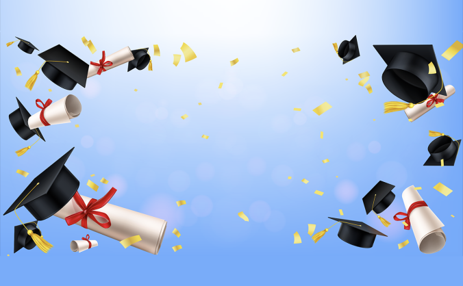 学士帽与卷起的通知书喜报矢量图