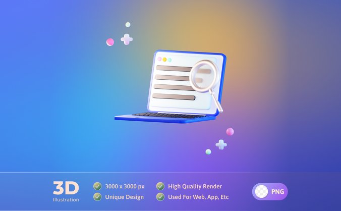 3D放大镜与笔记本电脑插画PSD