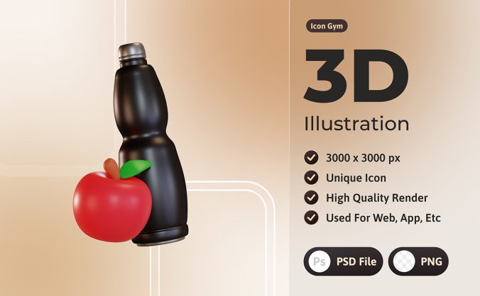 3d图标健身房水瓶和苹果