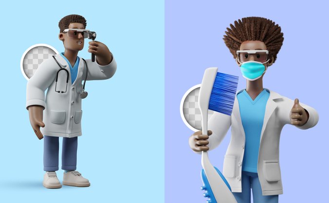 2张高清3D牙科眼科黑人医生插画PSD
