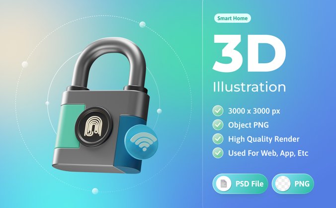 指纹智能网络Wi-Fi锁住锁头3D插画元素