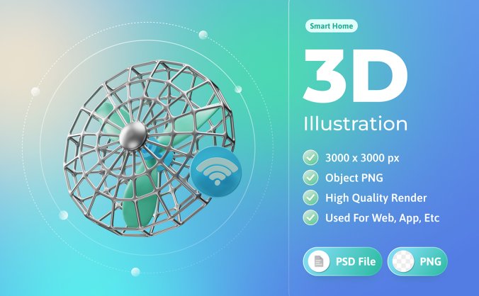 3D智能家居Wi-Fi控制电风扇插画PSD