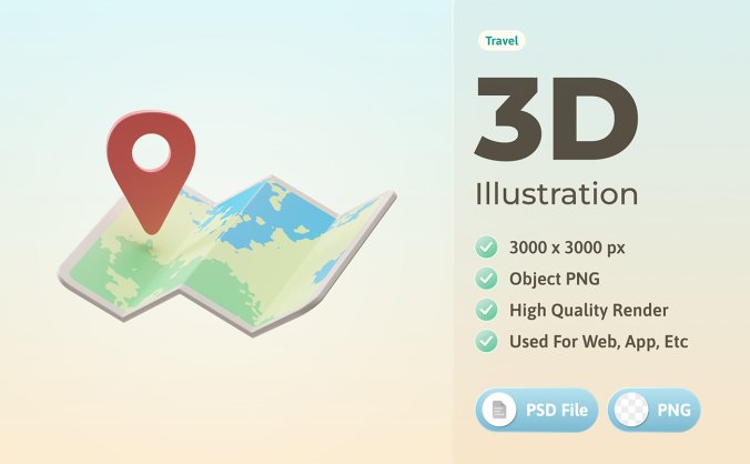 3D旅游旅行地图元素插画PSD