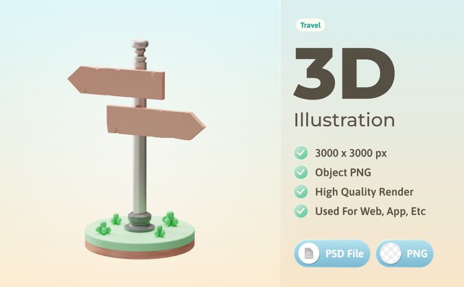 3D路牌路标旅游区景区指示牌插画PSD