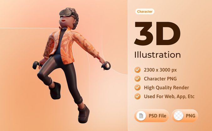 3d戴着VR眼镜的男孩沉浸在原宇宙世界插画PSD