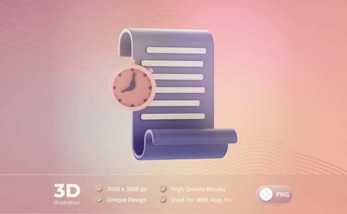 3D计时与时钟和纸三维插图