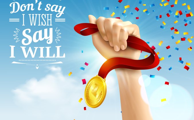 手握获奖的金牌矢量背景插画