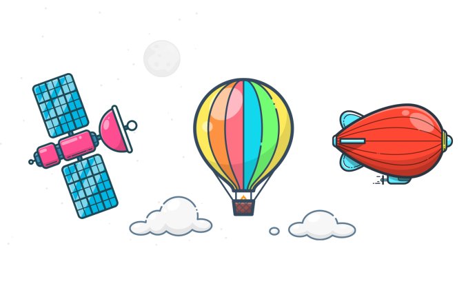 浮游飞翔的热气球飞艇与卫星插图矢量