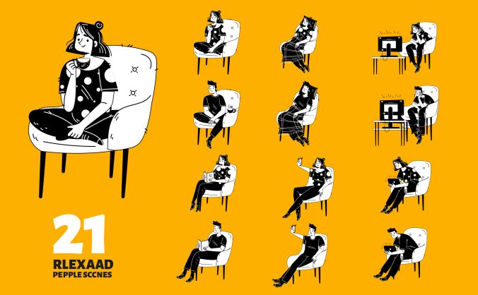 12组黑白风格居家男生女生插画图集