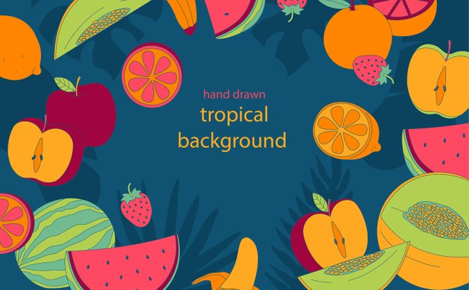 西瓜香蕉苹果橙子哈密瓜西瓜草莓橙子水果系列插画插图