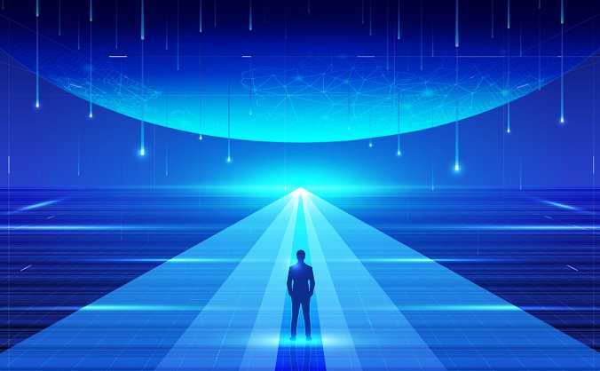 商务男士与蓝色地球科技背景矢量素材