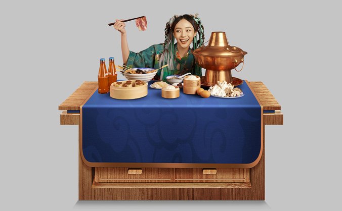 正在吃火锅的国潮少女合成图分层PSD