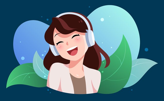 正在听音乐的年轻美女插画矢量EPS