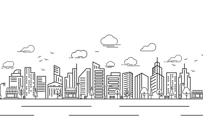 两款黑白线描风格的城市插图矢量素材