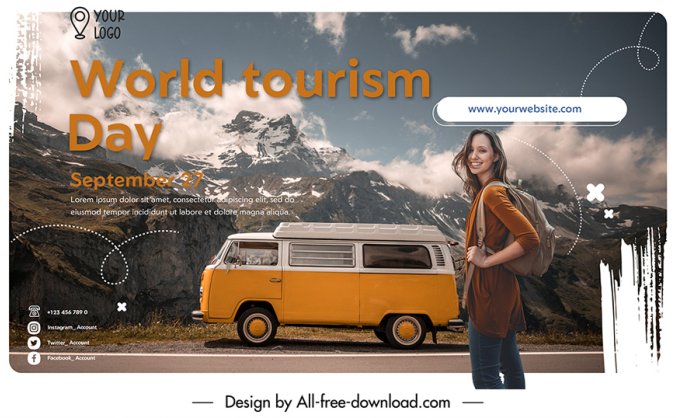 女青年环游世界横幅模板PSD